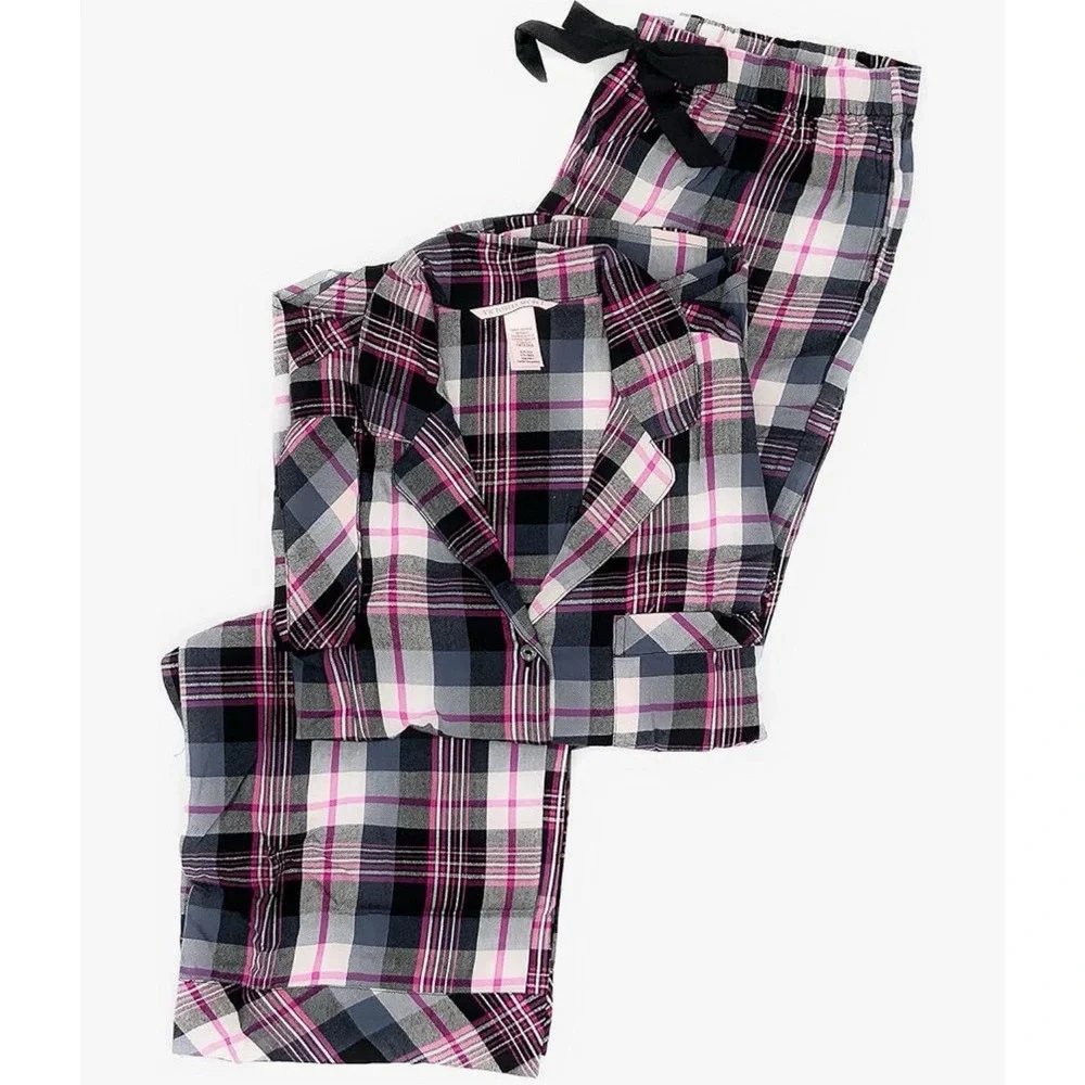 Victorias Secret 2PC Flannel Plaid Long Sleeve ButtonUp Shirt Pants Pink Black S